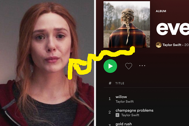 A close up of Wanda Maximoff looking upset and a Spotify playlist of Taylor Swift's album "Evermore"