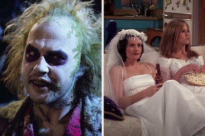 On the left, Michael Keaton as Beetlejuice, and on the right, Monica and Rachel from Friends sitting on the couch wearing wedding dresses while eating popcorn and drinking beer