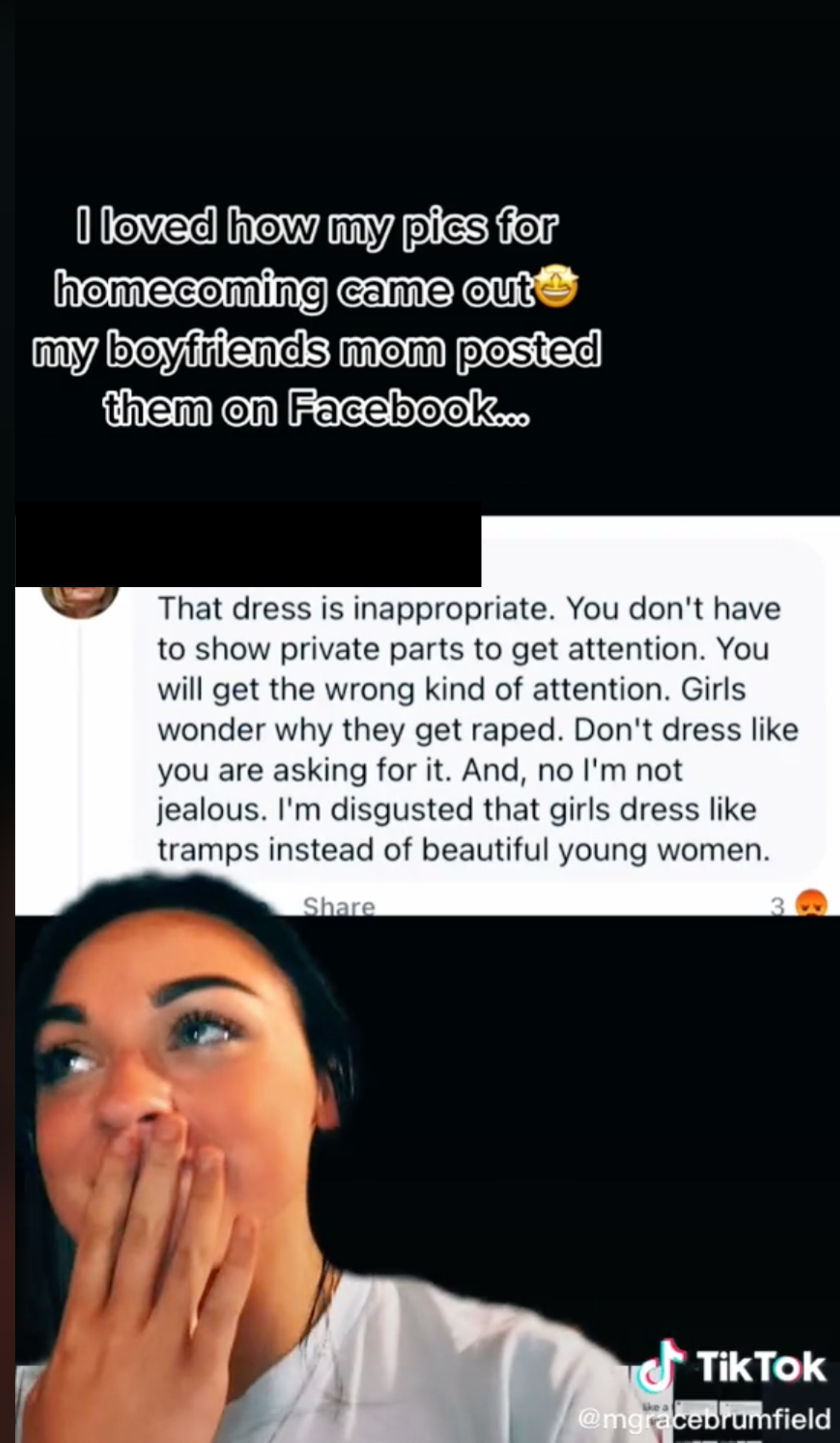 Grace covering her mouth with her hand below the comment &quot;That dress is inappropriate. ... Girls wonder why they get raped. ... I&#x27;m disgusted that girls dress like tramps instead of beautiful young women&quot;