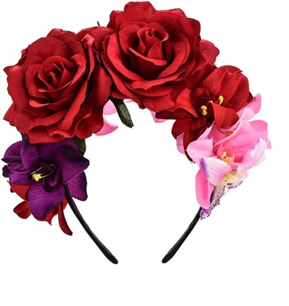 Foto de diadema o corona de flores en tonos rojos, morados y rosas