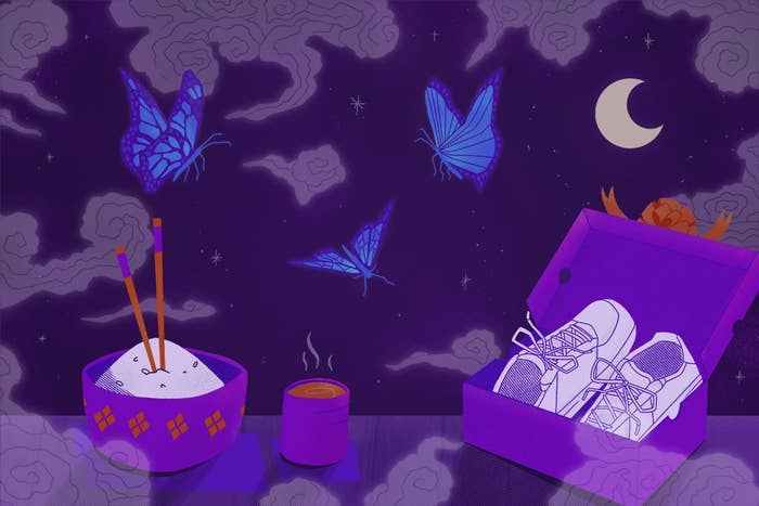 Graphic of the moon, butterflies, shoes in a case, a hot beverage, and chopsticks in food
