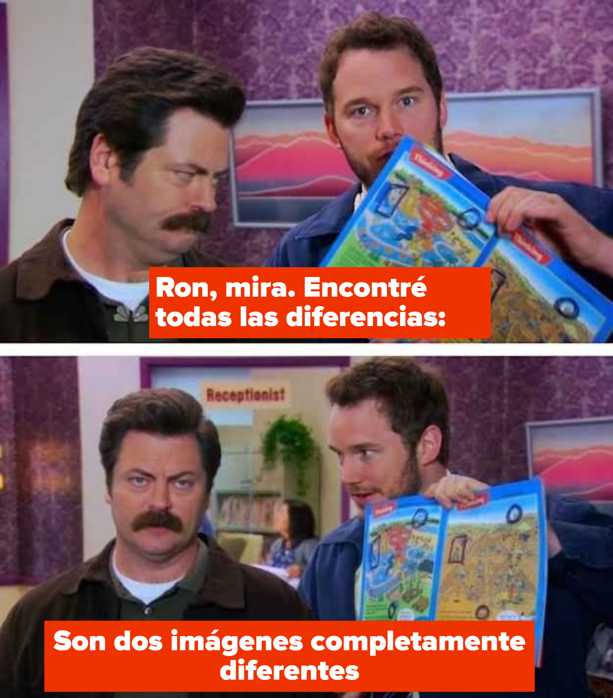 Andy saying he found all 3 differences between 2 pictures on parks and recreation and ron telling him they&#x27;re two completely different photos