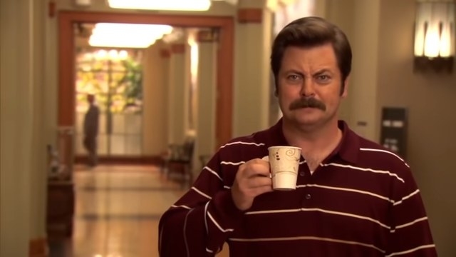 Ron with a coffee mug in &quot;Parks and Recreation&quot;