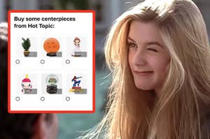 Cher Horowitz looking at a quiz question, "Buy some centerpieces from Hot Topic"