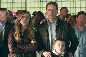 Michaela, Ben, and Cal from Manifest standing on the tarmac