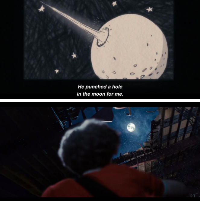 La luna siendo golpeada y Scott viendo a la con un crater.