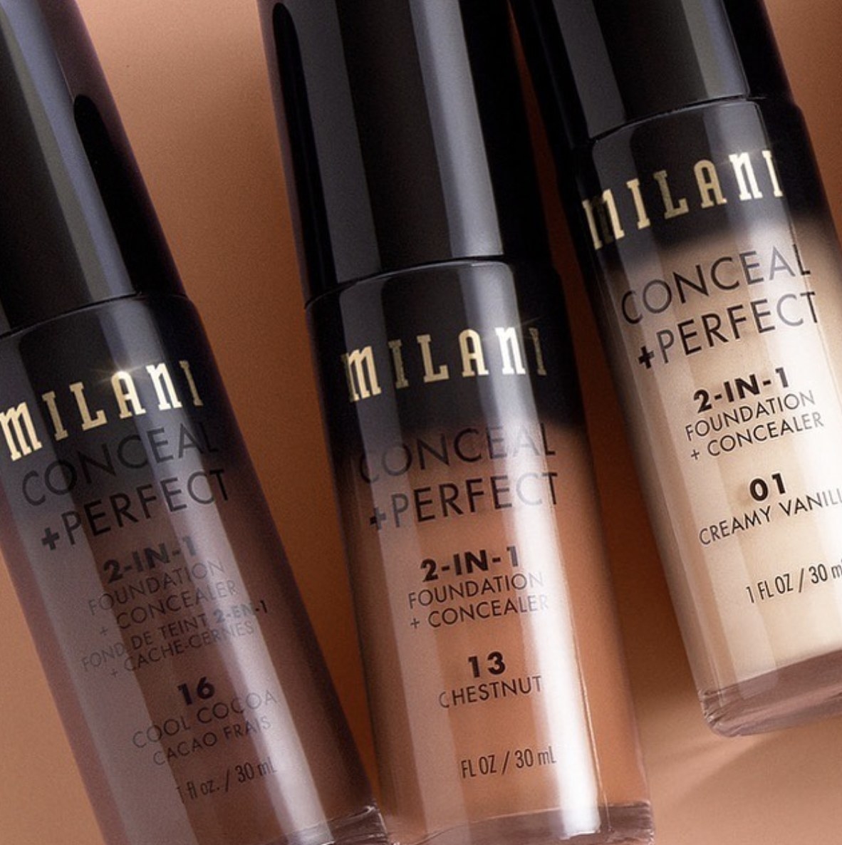 A set of three bottles of foundation and concealer
