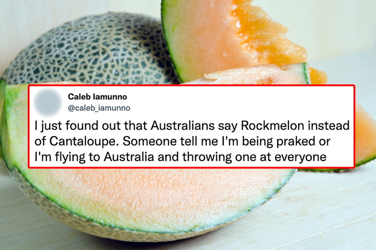 The background is a cut up rock melon; there is a tweet on-top describing how this person is angry that Australians say rockmelon instead of cantaloupe