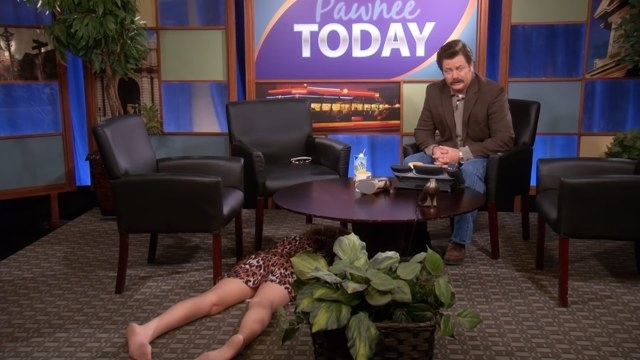 Ron on Pawnee Today with Joan on the floor in &quot;Parks and Recreation&quot;