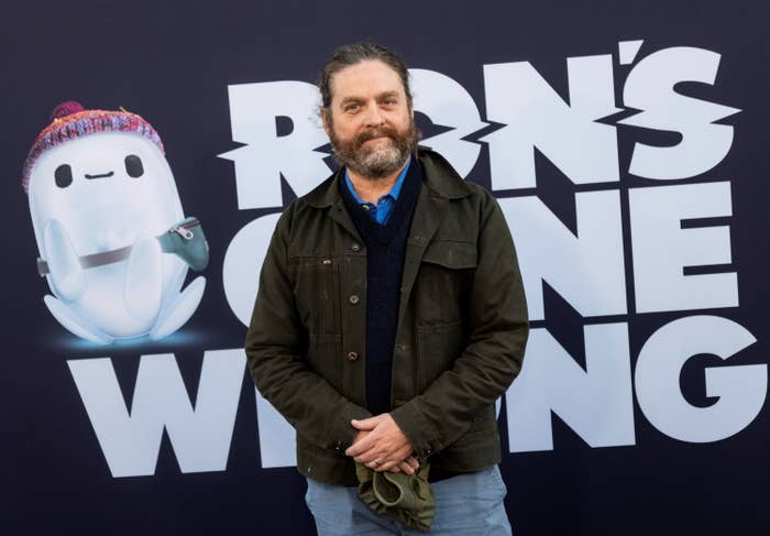 Zach Galifianakis holds his hands in front of him while posing for a photo at a red carpet event