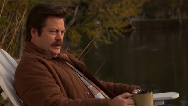Ron sitting by the lake in &quot;Parks and Recreation&quot;