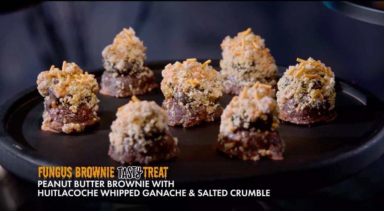 'fungus brownie tasty treat - peanut butter brownie with huitlacoche whipped ganache & salted crumble'