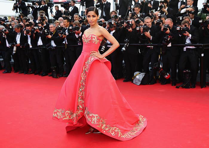 Freida Pinto attends "The Homesman" premiere in a strapless, sweetheart-neck gown and poses for a sea of photographers