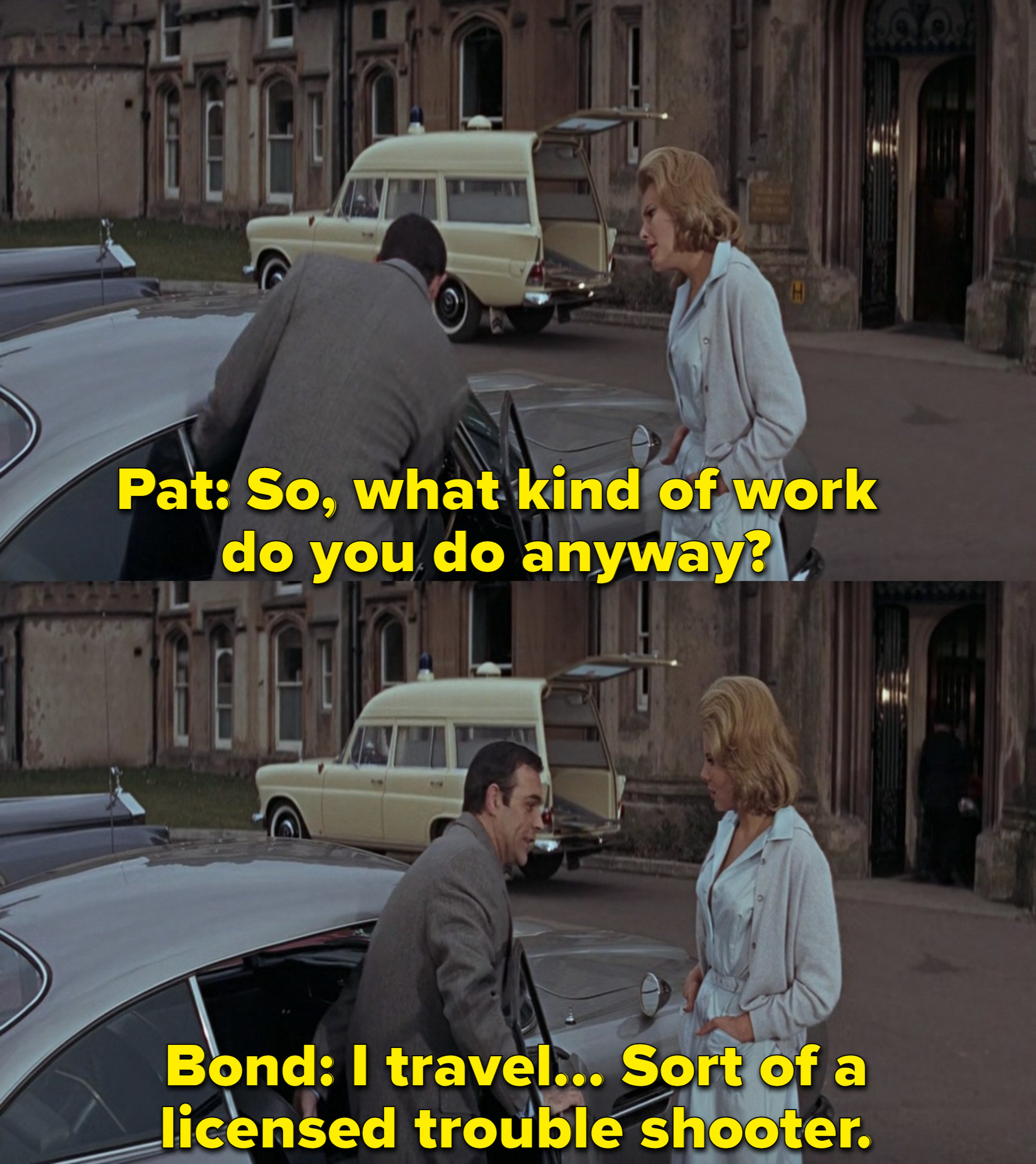 A nurse talking to James Bond as he gets in his car