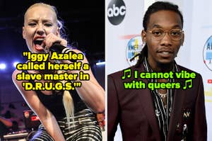 Iggy Azalea performing in 2012; Offset on a red carpet in the late 2010s