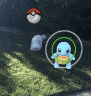 Pokémon Go character with small dog on the grass in the background