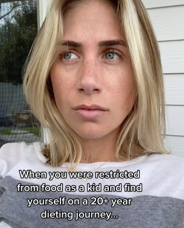 Screenshot of TikTok with Sam gazing out with text: &quot;When you were restricted from food as a kid and find yourself on a 20+ year dieting journey...&quot;
