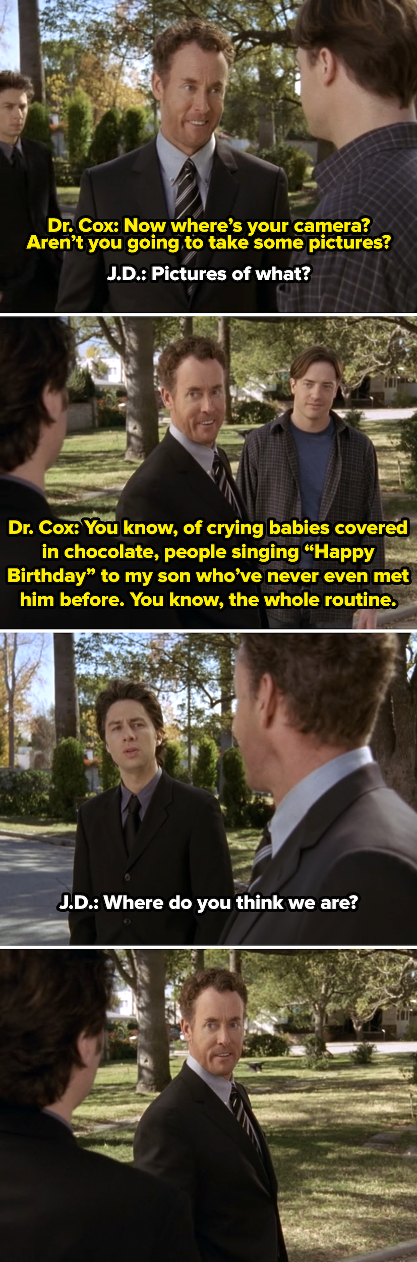 Doctor Cox joking about his son&#x27;s birthday, and JD asking, &quot;Where do you think we are?&quot;