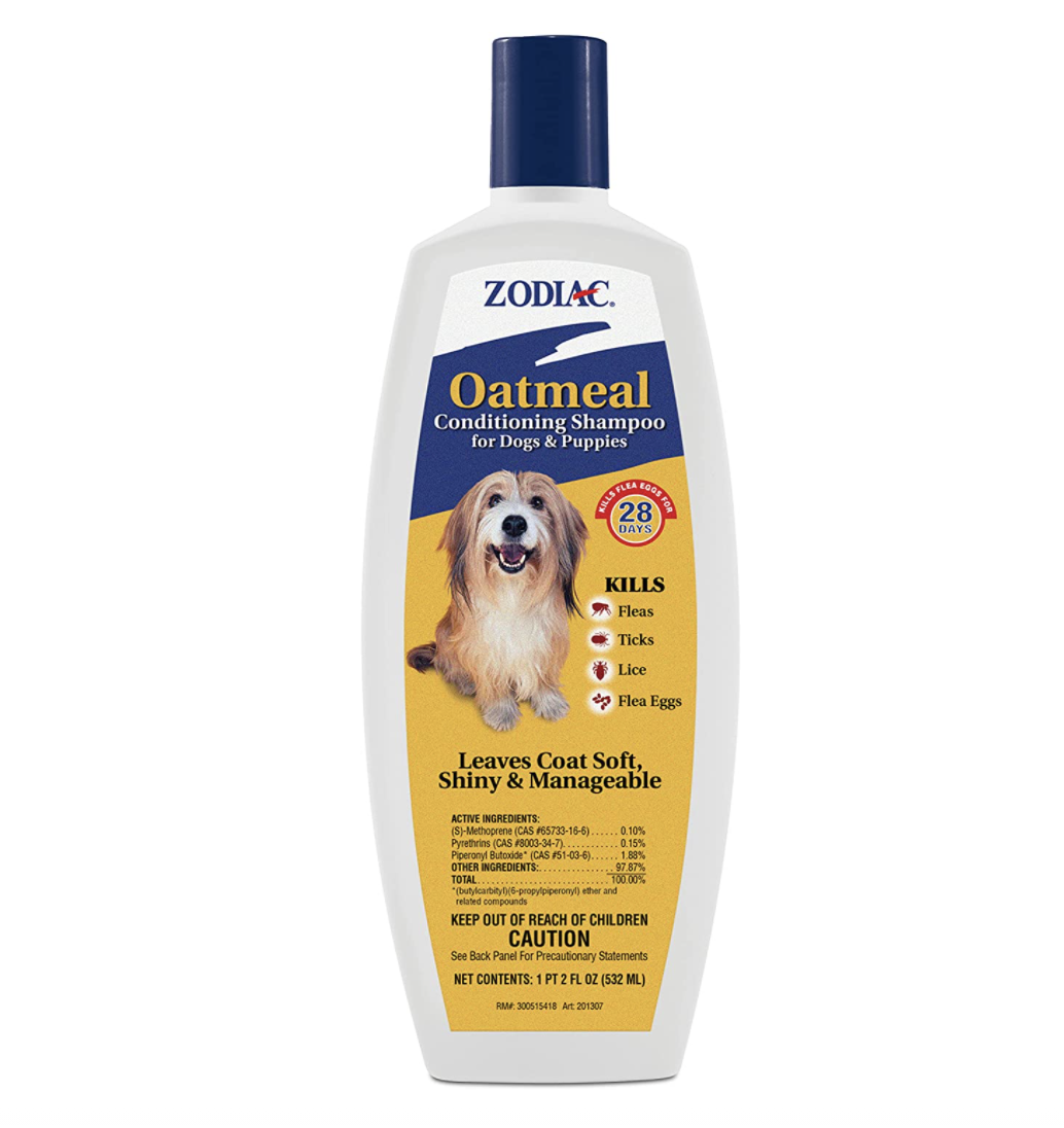 Product image of white bottle that reads &quot;Zodiac oatmeal conditioning shampoo for dogs and puppies&quot;
