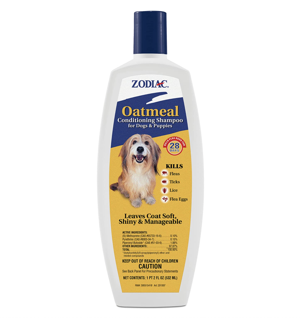 Product image of white bottle that reads &quot;Zodiac oatmeal conditioning shampoo for dogs and puppies&quot;