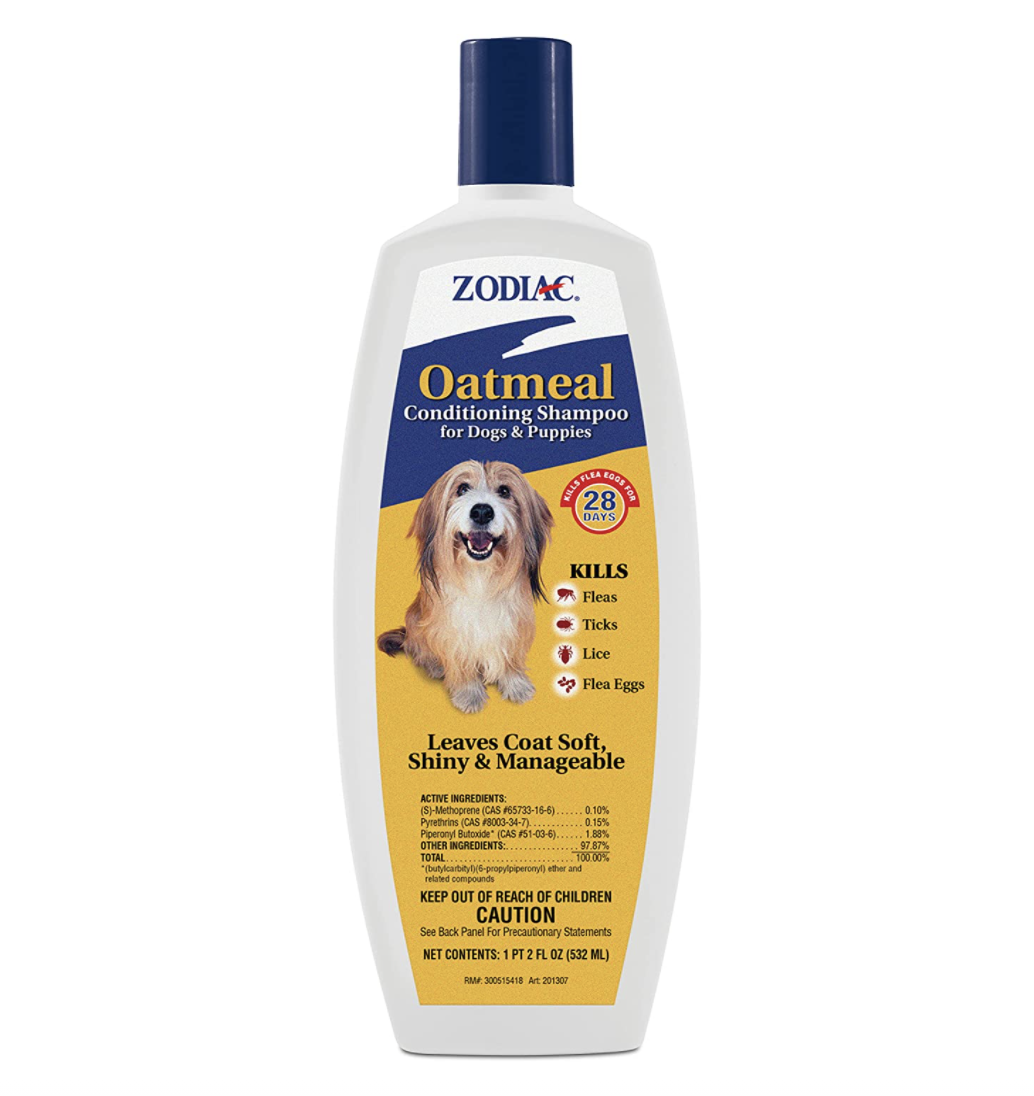 Product image of white bottle that reads "Zodiac oatmeal conditioning shampoo for dogs and puppies"