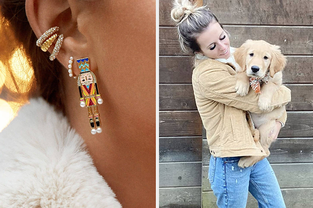 to the left: a model wearing a nutcracker earring, to the right: a reviewer holding a golden puppy while wearing a levis jacket