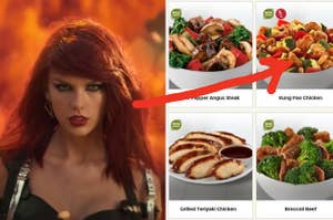 Taylor Swift is on the left in front of flames with an arrow pointing at Kung Pao Chicken