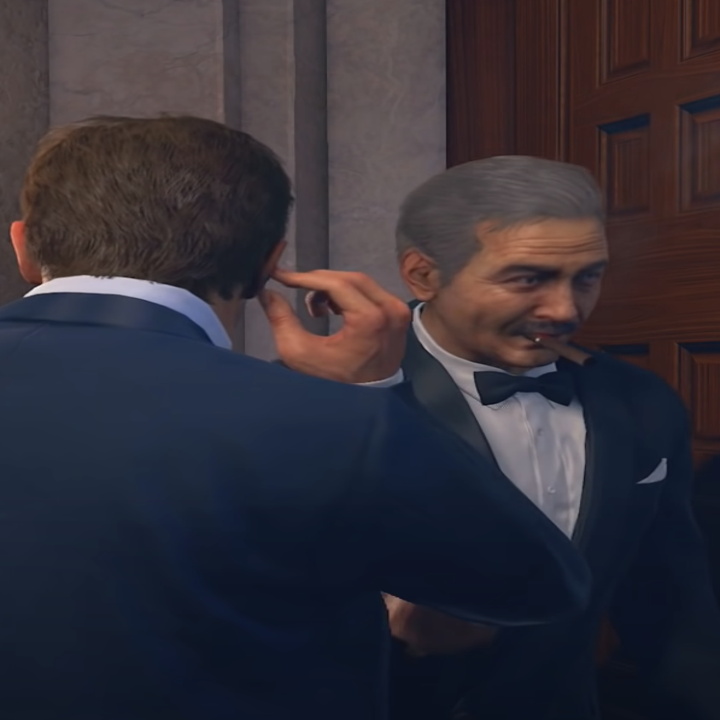 Nathan and others adjusting their earpieces in the video game