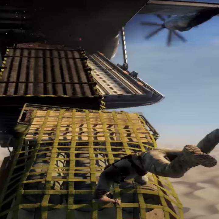 Cargo flying out of an aircraft in the video game