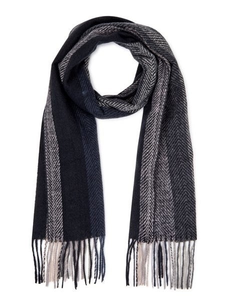 a black blanket scarf with stripes and tassels