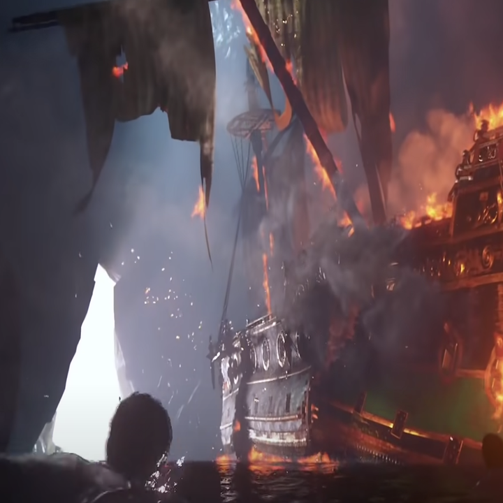 Nathan swimming towards a ship from in the video game