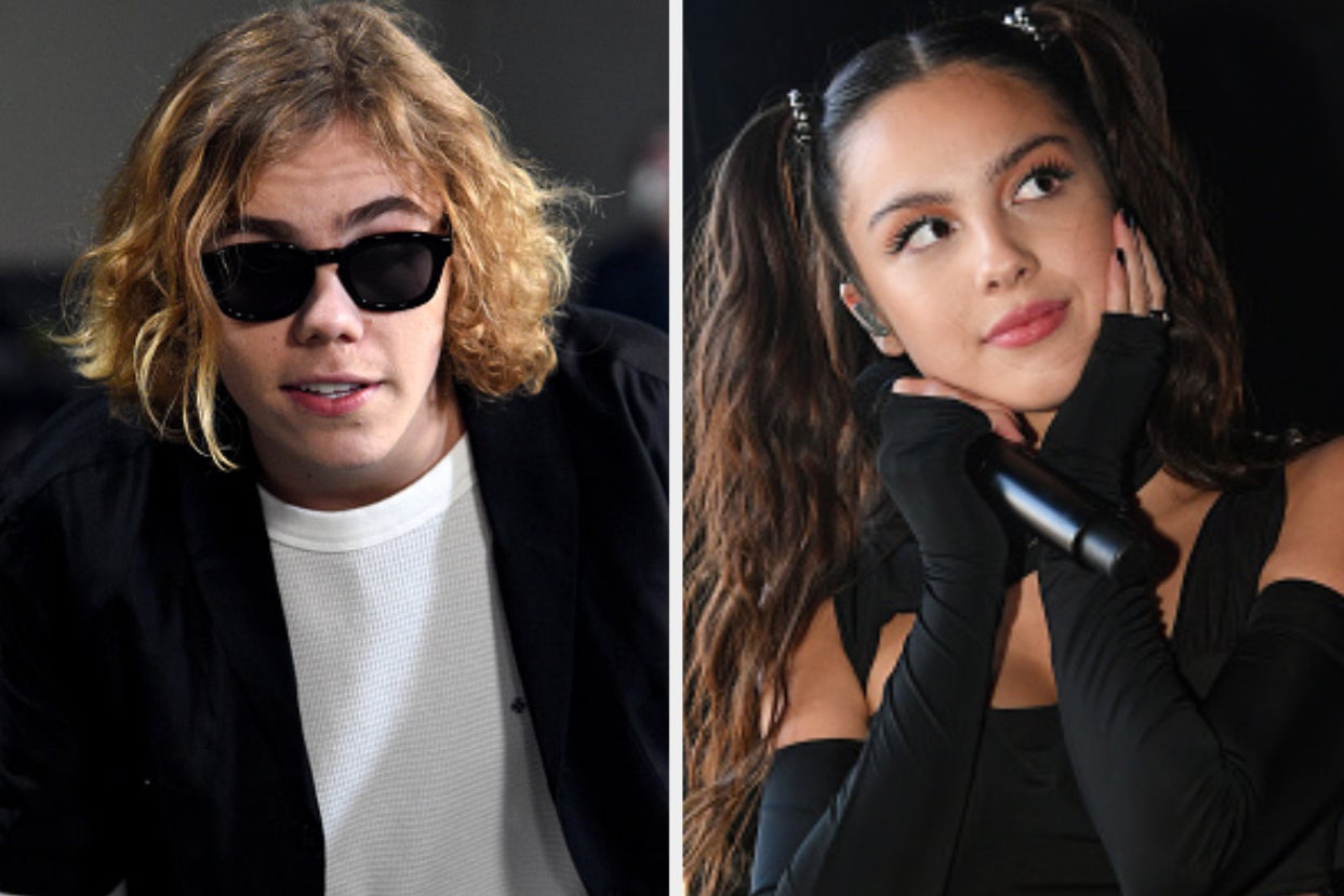 The Kid Laroi wearing sunglasses on the left with Olivia Rodrigo performing on the right