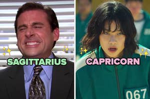 On the left, Michael from The Office labeled Sagittarius, and on the right, Kang Sae-byeok from Squid Game labeled Capricorn