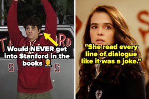 Peter from "To All the Boys" captioned "would never get into Stanford in the books" and Vampire Academy Zoey Deutch captioned "she read every line of dialogue like it was a joke"