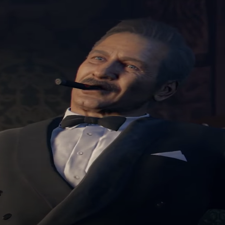 Sully in the video game sitting on a couch in a tuxedo and smoking a cigar