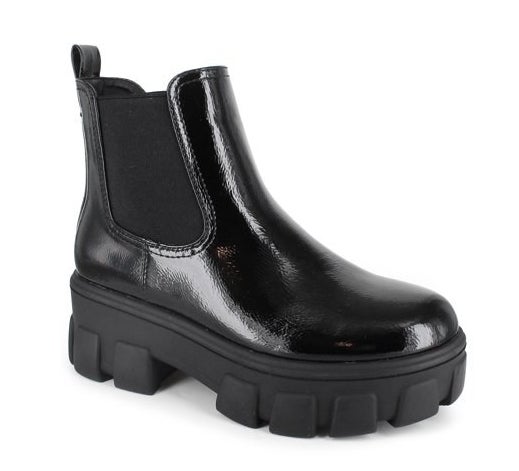 a black patent leather Chelsea boot