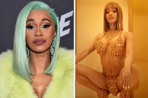 Cardi B on the red carpet next to a screenshot of her in the "Money" music video