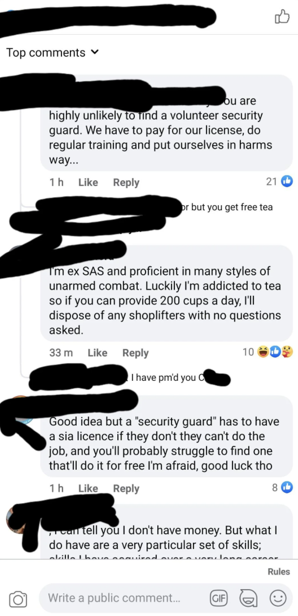 People responding to the security guard job listing, saying: &quot;You are highly unlikely to find a volunteer security guard. We have to pay for our license, do regular training, and put ourselves in harm&#x27;s way&quot;