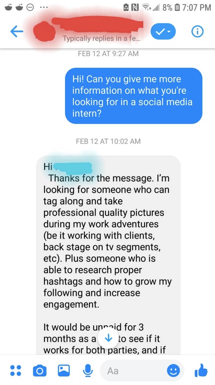 Job recruiter text message that reads: &quot;Looking for someone who can tag along and take professional quality pictures during my work adventures&quot;