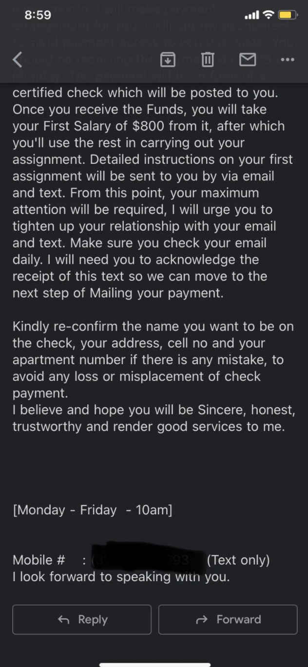 Continued scam job recruiter: &quot;Kindly re-confirm the name you want to be on the check, your address, cell no and your apartment number if there is any mistake to avoid any loss or misplacement of check payment&quot;