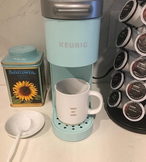 reviewer&#x27;s slim light blue keurig on their counter