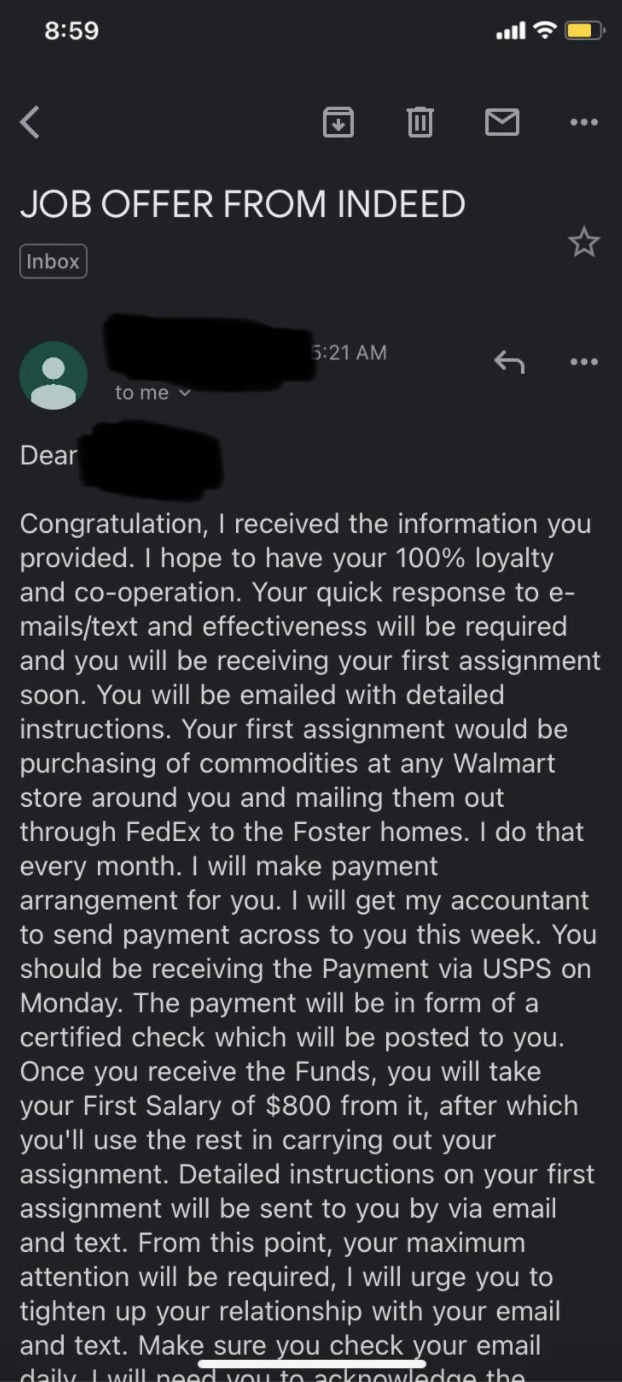 Scam job recruiter: &quot;Your first assignment would be purchasing of commodities at any Walmart store around you and mailing them out through FedEx to the foster homes. I do that every month. I will make payment arrangement for you&quot;