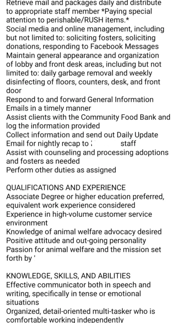 Front desk receptionist listing continued:  &quot;Assist clients with Community Food Bank and log the information provided, maintain general appearance and organization of lobby area, including but not limited to: daily garbage removal and disinfecting doors&quot;