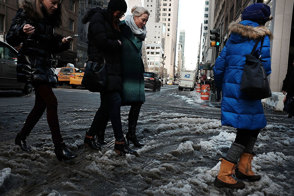 People walking through slush in New York City