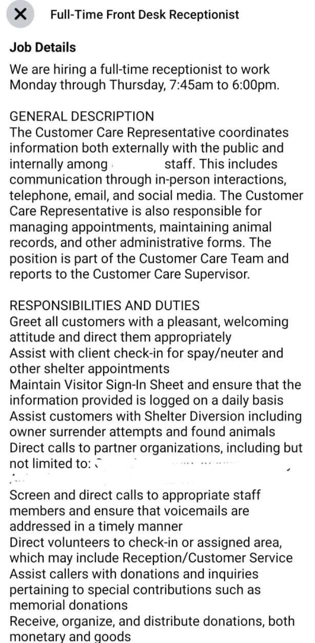 Front-desk receptionist job listing: &quot;Greet all customers with a pleasant, welcoming attitude, assist callers with donations and inquiries pertaining to special contributions&quot;