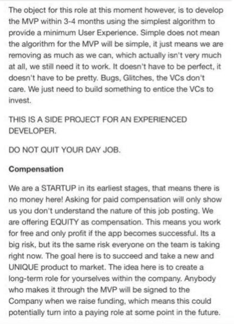 Continued start up job listing that reads: &quot;THIS IS A SIDE PROJECT FOR AN EXPERIENCED DEVELOPER. DO NOT QUIT YOUR DAY JOB.&quot;