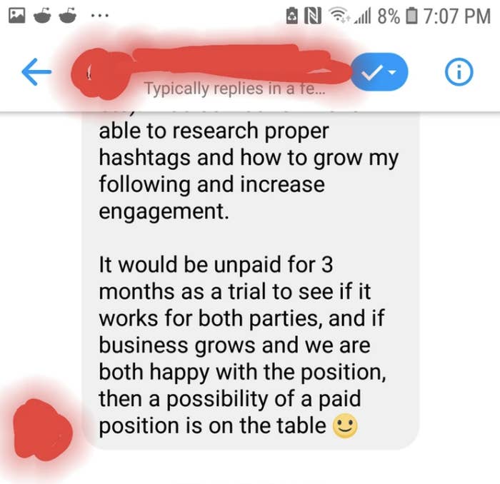 Job recruiter text message that reads: &quot;It would be unpaid for 3 months as a trail to see if it works for both parties, and if business grows and we are happy with the position, then a possibility of a paid position is on the table&quot;