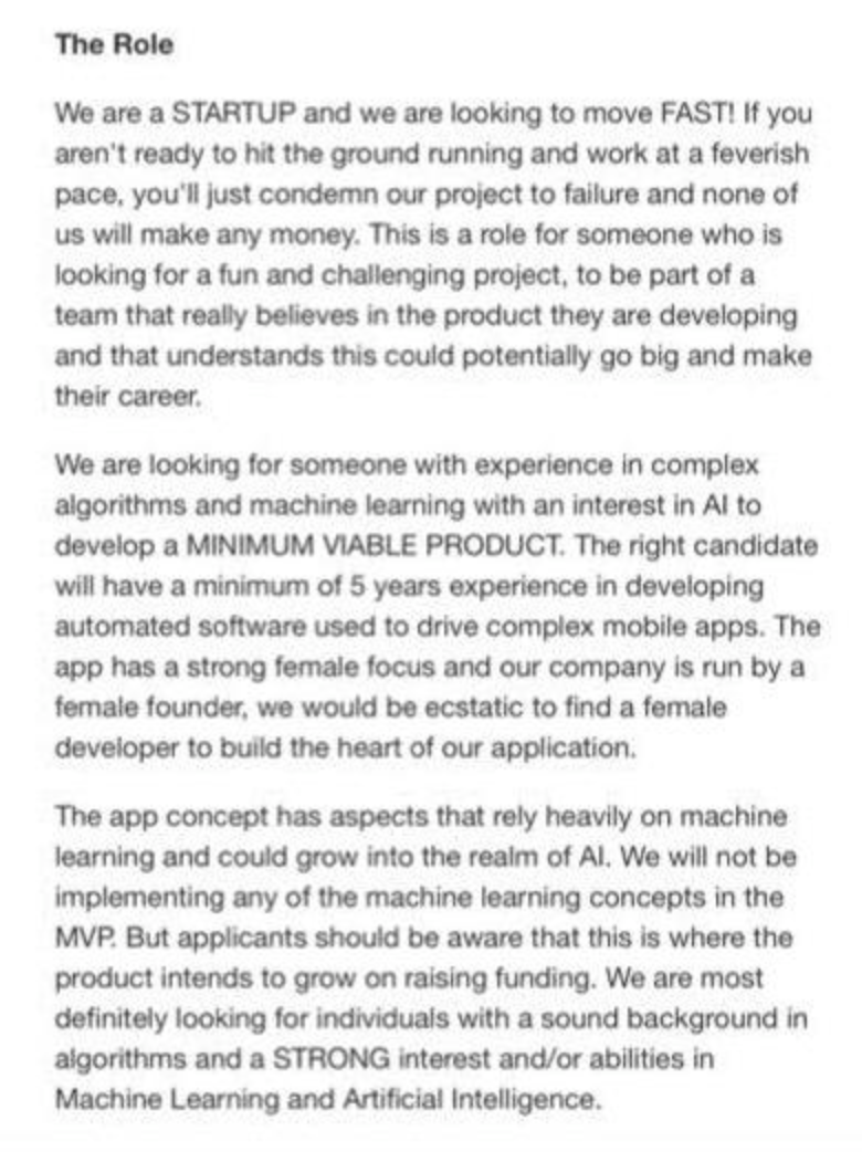 Startup job listing that reads: &quot;If you aren&#x27;t ready to hit the ground running and work at a feverish pace, you&#x27;ll just condemn our project to failure and none of us will make any money&quot;