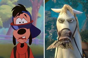 Max from a Goofy Movie on the left and Maximus from Tangled on the right