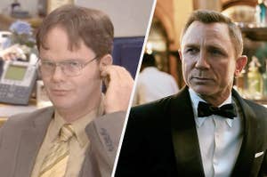 A close up of Dwight Schrute as he smirks and a close up as Daniel Craig as James Bond
